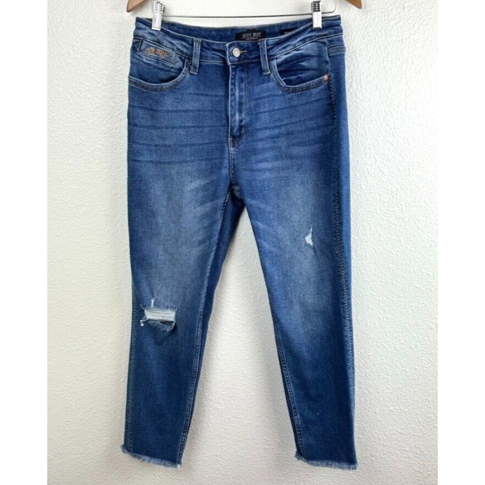 Judy Blue Boyfriend Fit Jeans Size 11/30 Distressed‎ Frayed Hem Mid Rise Stretch
